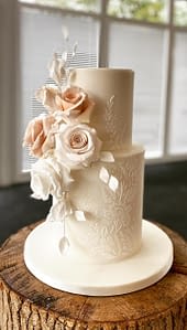two tall tier wedding cake with stencil detail