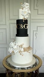 Black and white wedding cake with monogram